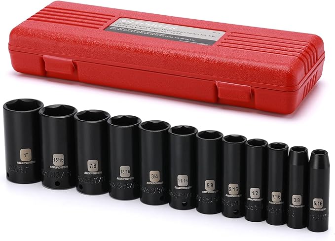 MIXPOWER 12 Pieces 3/8-Inch Drive Deep Impact Socket Set, 5/16 to 1 inch, CR-V, SAE, 6 Point, Deep, 12 Pieces 3/8" Dr. Socket