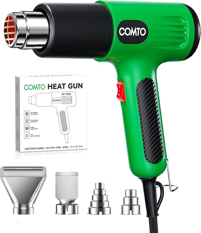1600W Heat Gun, Hot Air Gun with 2 Temp Settings, 4 Nozzles, Overheat Protection, for Shrink Tubing, Shrink Wrap, Crafting, Resin, and DIY Projects - Green