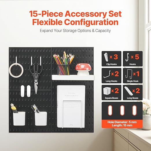 VEVOR Pegboard Combination Kit, 11" x 11" Plastic Pegboard, 4 Panels, Peg Board Wall Organizer Kit with Accessories, for Garage Tool Storage Kitchen Living Room Craft Room Office Bathroom Home, Black