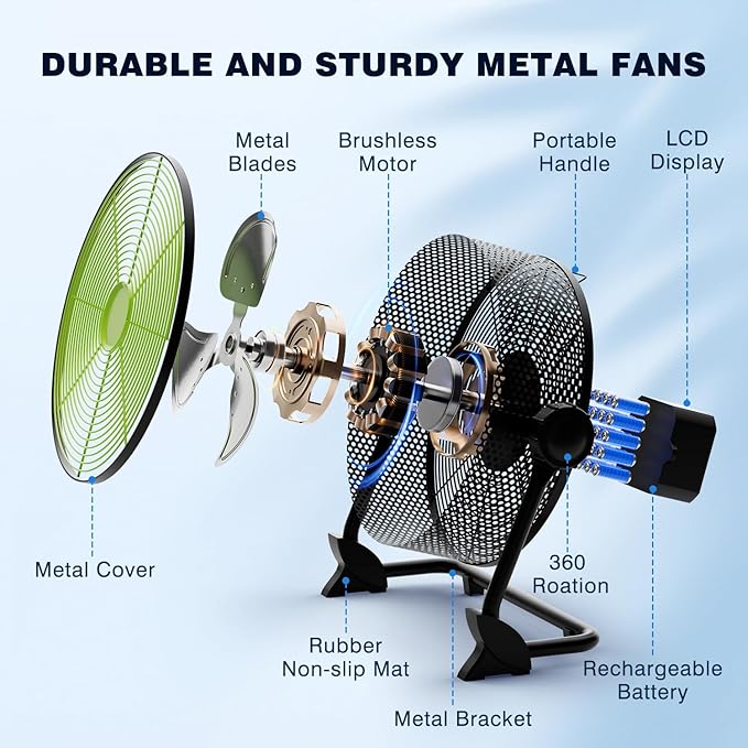 10 Inch Portable Cordless Rechargeable Floor Fan, Whisper Quiet Battery Operated Full Metal Fan, 24H Runtime, 12 Speeds, 12H Timer, USB Charging, for Camping, Outdoor Patio, Home, Garage, Bedroom