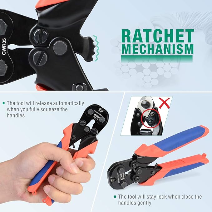 iCrimp 3.5mm Ratchet Wire Rope Cutter with 61 HRC Hardened Blade for Bicycle, Aircraft, Copper & Piano Cables, CWR35