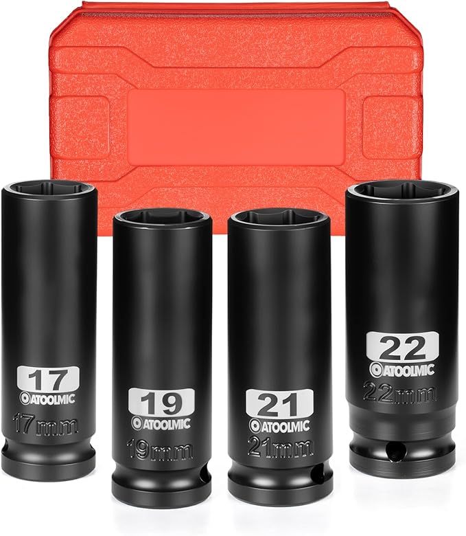 4 PCS Metric Impact Socket Set 1/2" Square Drive,Deep 17mm,19mm,21mm,22mm Allen Sockets,CR-MO Alloy Steel,6 Point Radius Corner Design,Rugged Construction,With Storage Red Case