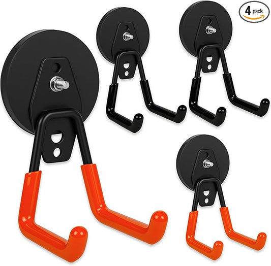 4 Pack Heavy Duty Magnetic Garage Hooks,No Drill Installation and Rubber Coating for Scratch-Free Use,Space Saving Large Utility Hooks for Kitchen,Tools,Pegboard,Workshop (Red 2pcs+Black 2pcs)