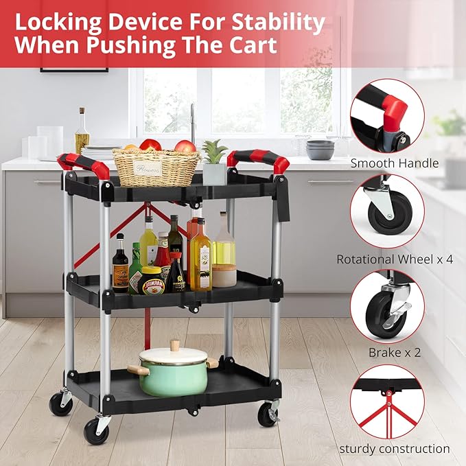 Towallmark Portable Folding Service Cart, 3 Tier Folding Utility Cart, Collapsible Utility Carts for Office, Warehouse, and Home, High Capacity Tool Cart (Black & Red)