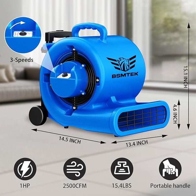 5000 CFM 1HP Air Mover Blower Fan, Floor Blower Dryer - Timer for Industria, 3 Speeds, 4 Adjustable Angles, Handle Wheelkit, 15Ft Long Cord Portable, Stackable - 2026 Upgraded, Blue