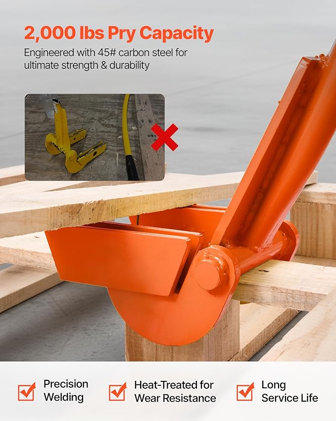 VEVOR Pallet Buster Too with 45‘’ Carbon Steel Handle, Heavy Duty Wrecking Pry Bar, Articulating Head Deck Board Removal Tool for Non-Damaging Wooden Pallet & Deck Removal