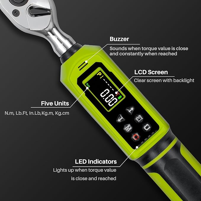 Digital Torque Wrench 3/8" Drive-0.66-44.25Ft.Lb, 0.9-60 N.m, Electric Torque Wrench With Adjustable Vibration Buzzer LED Indicator,±2% Accuracy Five Units for Bike Motorcycle Car Auto Repair