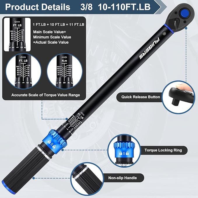 3/8 inch Drive Click Torque Wrench, Click Torque Wrench 3/8 Torquimetro 10-110 FT.LB/13.6-149.2 Nm, Dual-Direction Adjustable 72 Tooth for Bike Moto and Car Repair