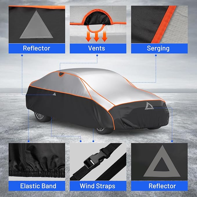 Favoto Hail Protector Car Cover - Sedan Cover Padded Snow Rain Hail Protection for Automobiles Outdoor Heavy Duty with Reflective Stripes Full Car Cover Fits Sedan up to 193"