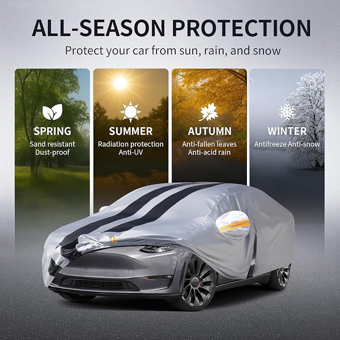 Multi-Layer Car Cover Custom Fit for Tesla Model Y(2020-2026), 100% Waterproof All Weather for Automobiles, Gift with Towel, Heavy Duty Car Covers for Rain Sun UV Protection with Door Zipper