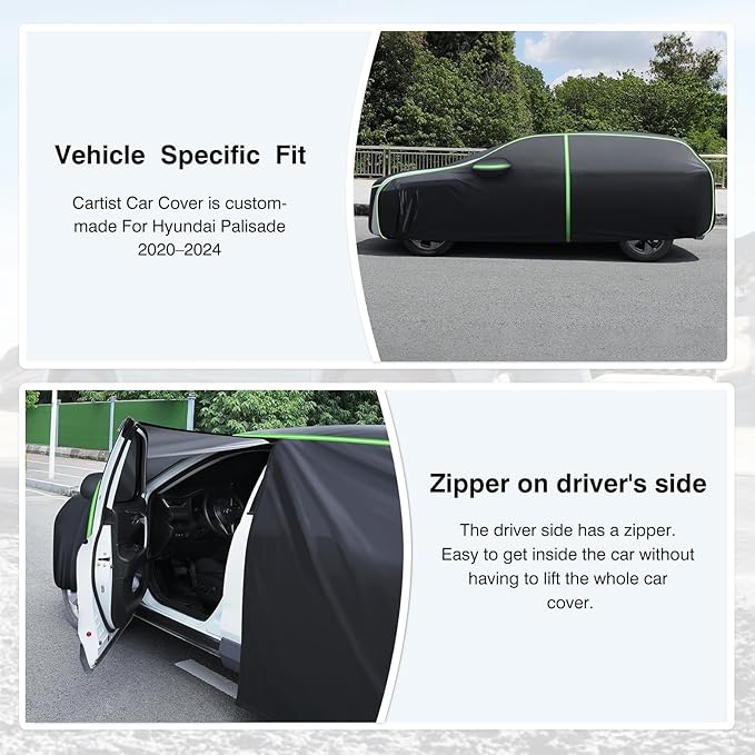 Cartist 420D Car Cover Fits for Palisade 2020-2025 2026,All Weather Waterproof Car Covers for Palisade Accessories with Zipper Door & Reflective Safety Strips,Sun Rain Snow Dust Uv Protection