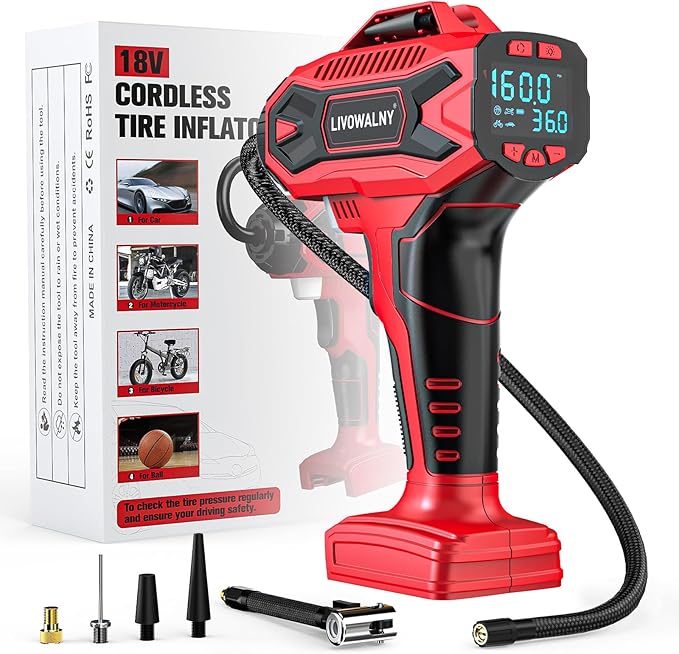 Tire Inflator Air Compressor Compatible with Milwaukee 18V Battery, LIVOWALNY 160 PSI Cordless Portable Electric Air Pump 2026 Bigger LCD Digital Pressure Gauge for Car, Bike, Sport Ball (No Battery)