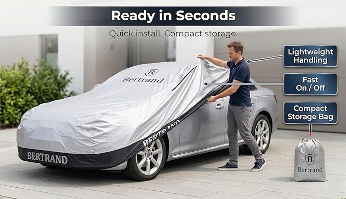 BERTRAND Premium Extra-Large Sedan Car Cover – (213x79 - Size - A4) - Waterproof All Weather | Mirror Pockets + Door Zipper | Cotton-Lined | UV Protection + Reduces Hail Impact | Heavy-Duty
