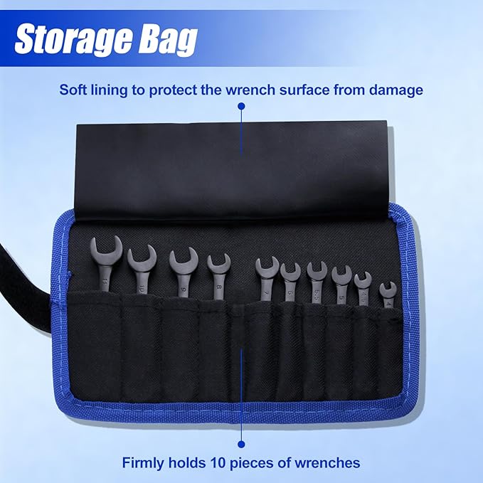 Mini Wrench Set Metric 10-Piece Ignition Wrench Set, 4-11mm Open End and Box End Combination Wrenches, Super Thin Small Wrenches with Zipper Bag and Key Ring for Small Fasteners, Black