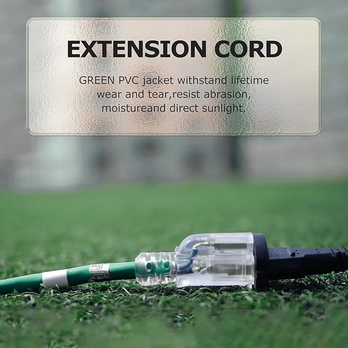 YOJOE Indoor Outdoor Extension Cord with Lighted End, 3 Prong 13A Weatherproof Power Cord, 16 Gauge Heavy Duty 20 ft Green Extension Cord for Garage, Garden and Home, 16/3 SJTW UL Listed