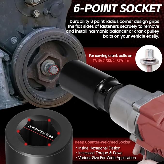 1/2" Drive Crank Bolt Socket Set, 17MM, 19MM, 21MM, 22MM, 24MM 27MM, Harmonic Balancer Socket Set, Deep Counter-Weighted Socket Set, 3 Times Momentum Power of Standard Impact Socket Set