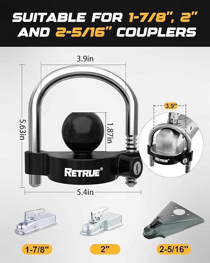 RETRUE Keyed Alike Trailer Lock Set Tow & Store Lock Kit Include Universal Coupler Lock & Dual Hitch Receiver Pin Lock & Trailer Tongue Lock, Black
