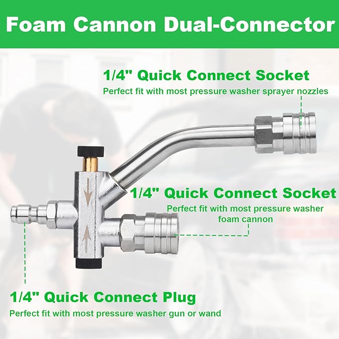 DUSICHIN Pressure Washer Gun Foam Cannon Dual Connector Shift Valve, Car Wash Foam Cannon Kit 1/4 Inch Quick Connector 5 Pressure Washer Nozzle Tips Build-in Design Work with A Pressure Washer DUS2703
