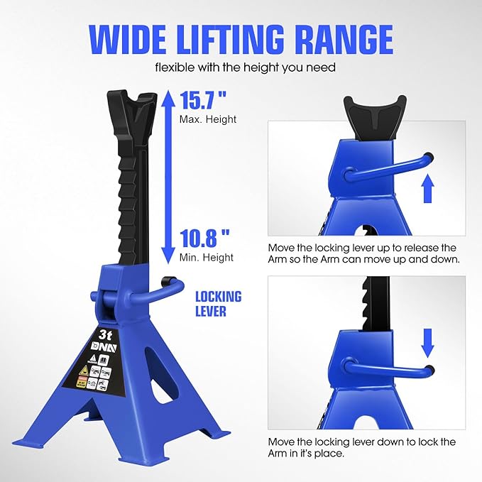 DNA Motoring 1 Pair Jack Stands, 3 Ton (6600 lbs) Capacity Car Lifting Stand, Adjustable Height Car Jack Stands for Cars, Sedans, Small Vehicles, SUV, TOOLS-00682-BL