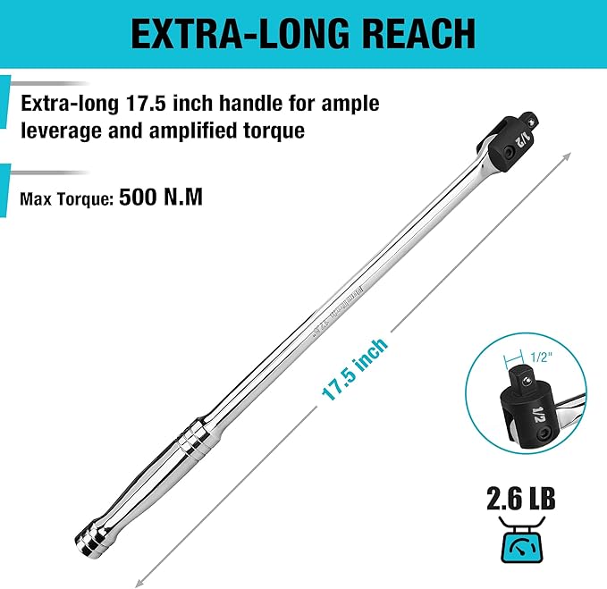 DURATECH Breaker Bar, 1/2'' Drive 17.5-Inch Breaker Bars Heavy Duty, with 240° Flex Head, Spring-loaded Detent Ball, Premium Chrome Alloy Made