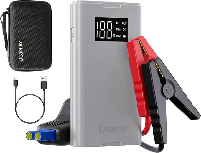 IDEAPLAY Jump Starter, 1500A Car Battery Jump Starter Portable for Up to 7.0L Gas and 5.5L Diesel Engine,Type C Fast Charging Battery Jumper with LED Flashlight