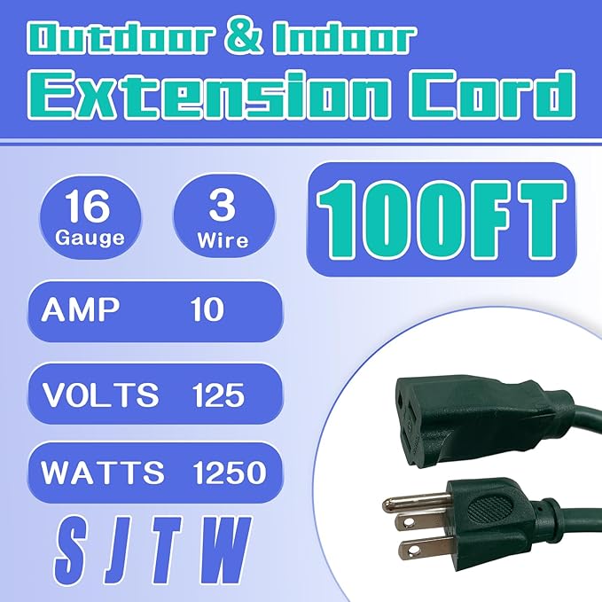 Indoor Outdoor Extension Cord 100 FT, 16/3 SJTW Weatherproof Green Electrical Cords, 10 AMP Heavy Duty 3 Prong Power Cable Great for Garden, Landscaping & Holiday Decorations