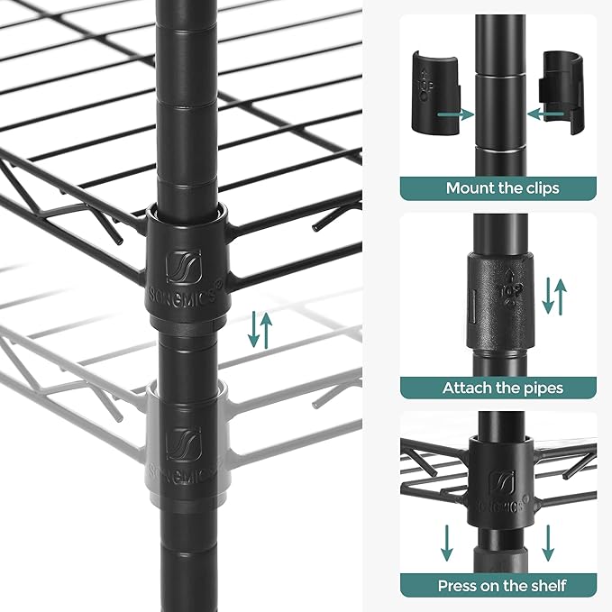 SONGMICS 5-Tier Storage Shelves, Wire Shelving Unit, Kitchen Metal Shelves, Storage Rack with Adjustable Shelves, Shelf Liners, 8 Hooks, for Garage, 11.8 x 35.4 x 63 Inches, Black ULGR095B01