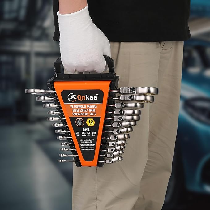 Qnkaa 12pcs Flexible Ratchet Wrenches Set SAE 1/4” to 7/8“ Inch Standard Spanners Gear Ring Ratcheting Combination Flex-Head Wrenches Kit with Portable Organizer Rack