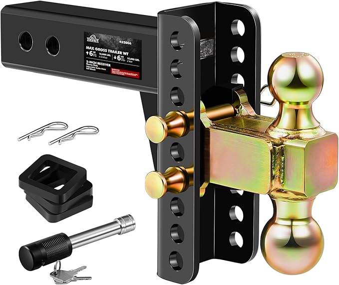 XPE Adjustable Trailer Hitch, Fits 2.0-Inch Receiver, 6-Inch Drop/Rise,2"" & 2-5/16"" Ball Hitches for Trucks, 18,000 LBS GTW - Receiver Hitch with Anti-Theft Pin, Solid Ball Mount, BLK,X-452006
