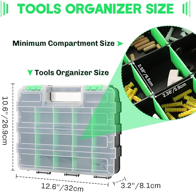 Small Parts Organizer | Storage Case Tools Box 34-Compartments Double Side Organizer Box with Removable Dividers for Small Hardware, Screws, Bolts, Nuts, Nails, Beads (Green)