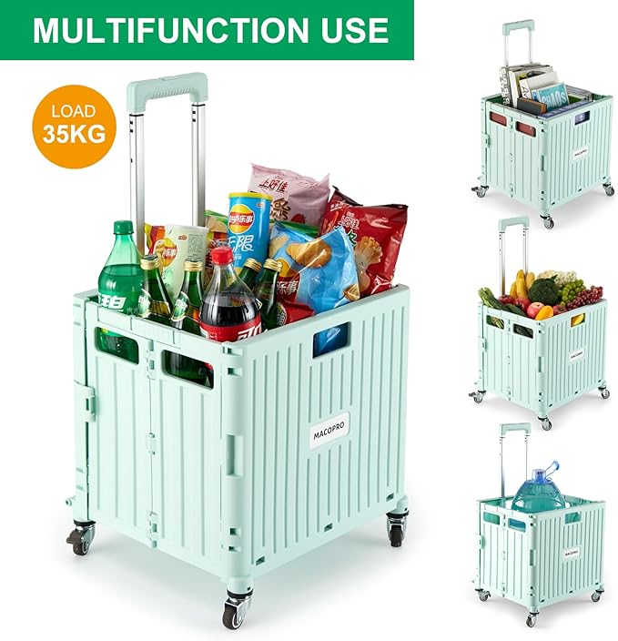 MACOPRO Folding Utility Cart Portable Rolling Crate Handcart Shopping Trolley Collapsible Tool Box, with Lid, Basket on 4 Rotate Wheels, for Grocery, Office, Teacher, Travel Shop Move Luggage (Green)
