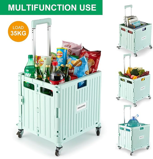 MACOPRO Folding Utility Cart Portable Rolling Crate Handcart Shopping Trolley Collapsible Tool Box, with Lid, Basket on 4 Rotate Wheels, for Grocery, Office, Teacher, Travel Shop Move Luggage (Green)