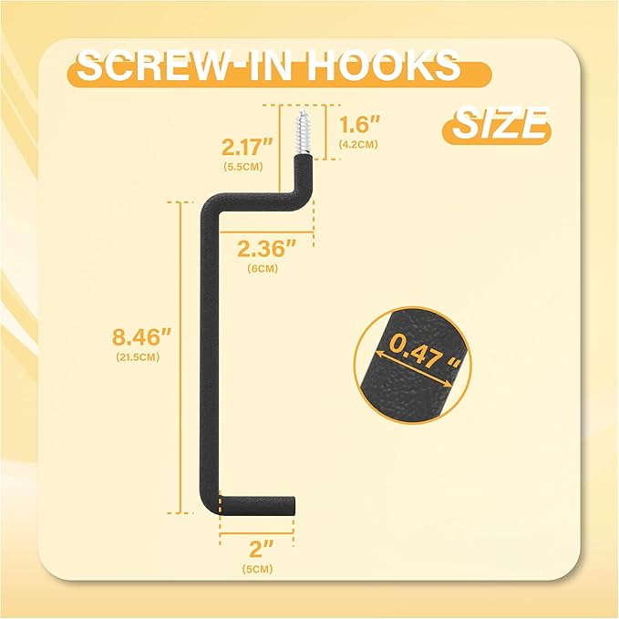 Screw in Ladder Hook, Black Heavy Duty Tool Holders 4PC, Bike Hooks, Wall Mount Garage Storage Hanger, Shelf Organizer for Hanging Bike, Ladder, Folding Chair, Cord (8.46'' (Width:2''))