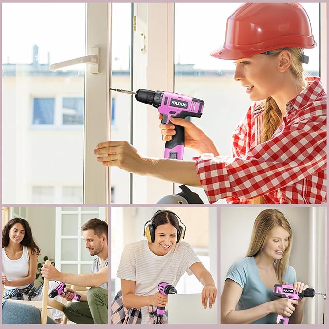 PULITUO 12V Pink Cordless Drill Set - Power Drill Kit with Battery and Charger, 3/8-Inch Keyless Chuck, Built-in LED, 21+1 Torque Setting