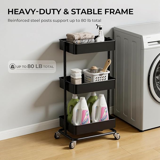 3 Tier Rolling Cart with Wheels for Home Organization, No Wobble Metal Utility Cart with Locking Casters, Adjustable Shelves Tool-Free Assembly Rolling Storage Cart for Kitchen Bathroom Laundry Room