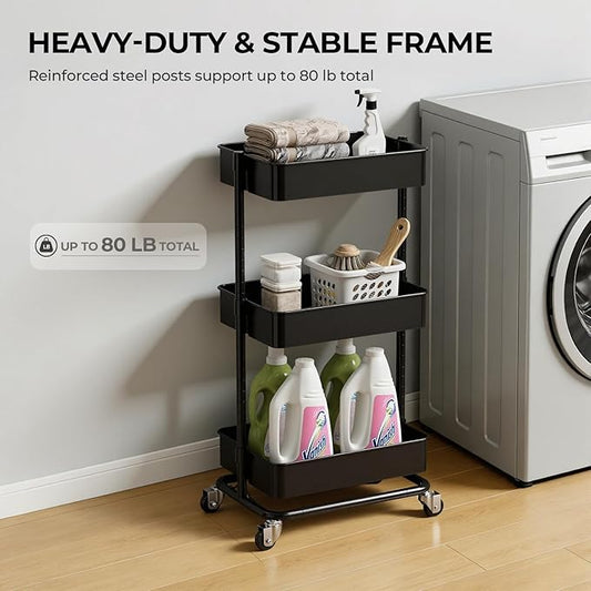 3 Tier Rolling Cart with Wheels for Home Organization, No Wobble Metal Utility Cart with Locking Casters, Adjustable Shelves Tool-Free Assembly Rolling Storage Cart for Kitchen Bathroom Laundry Room