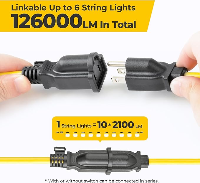 100FT Construction String Lights: 3 Prong 150W Ultra-bright 21000 lumens ETL Listed Linkable Industrial Outdoor Temporary Lighting IP65 Waterproof Hanging Led Work Light for Attic Jobsite Garage Shop