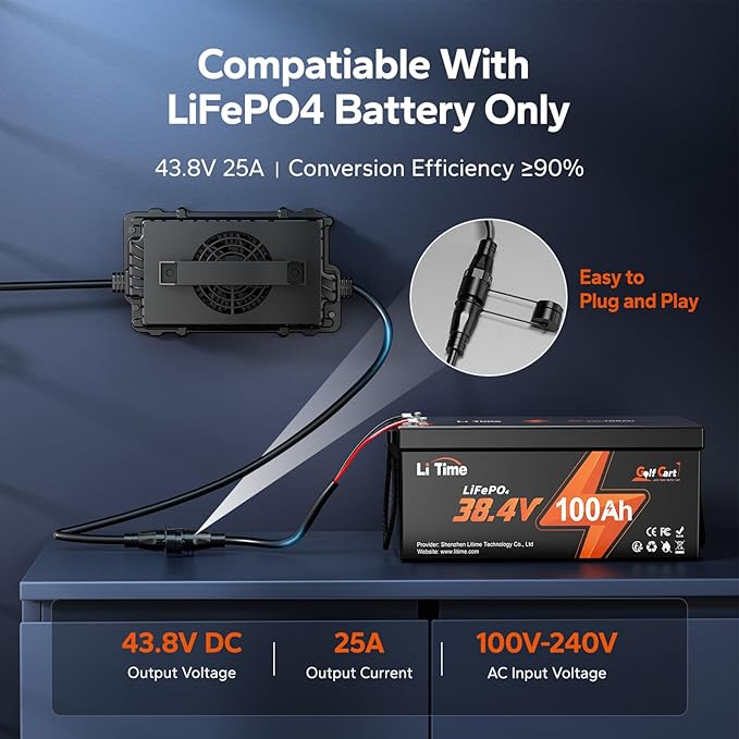 LiTime 36V 25A Lithium Battery Charger, IP65 Waterproof, Smart 43.8V LiFePO4 Charger for 38.4V Lithium Battery, Ideal for Golf Cart, RVs, Marine, Trolling Motor, with 0V Activation & LED Indicator