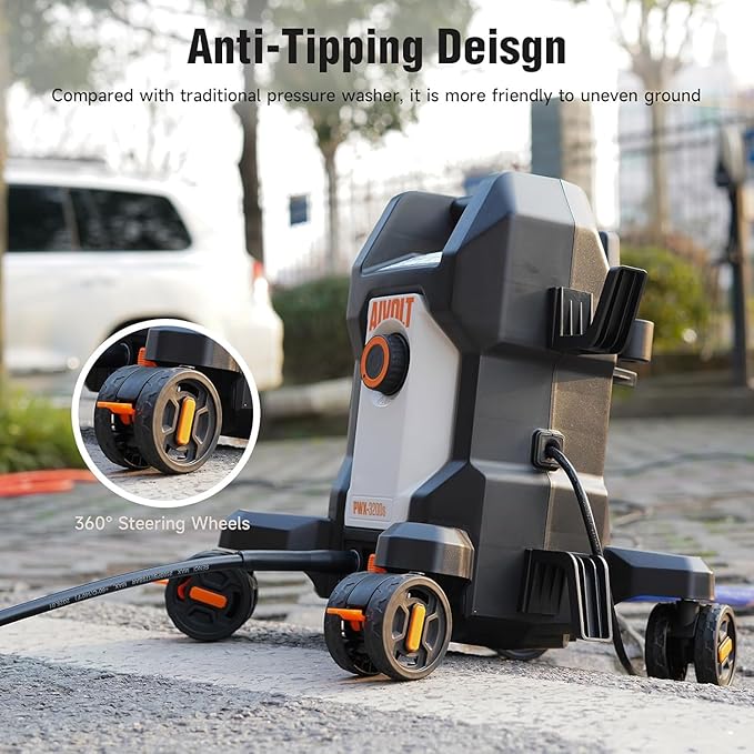 AIVOLT Pressure Washer, Portable Power Washer with Anti-Tipping 4-Wheel Design, 4 Quick-Connect Nozzles, Foam Cannon, Spray Gun & Cleaning Brush Set for Cars, Driveways, Fences, Patios & Home