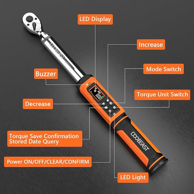 Digital Torque Wrench, 3/8 Drive Electronic Torque Wrench with Preset Value(1.5-99.5 Ft-lbs./2-135Nm), Buzzer and LED Flash Five Units of Measure for Bike Motorcycle Car