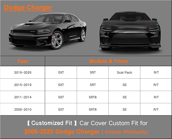 Kayme Heavy Duty Car Cover Custom Fit Dodge Charger (2006-2025), Waterproof All Weather for Automobiles, Full Car Cover - Sun, Rain & UV Protection