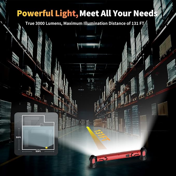 2Pack MechaniLite Under Hood Work Light Bar, 3000LM LED Magnetic Light Bar with Hooks, 5200mAh Cordless Rechargeable Hood Light for Mechanic/Car Repairing/Garage-Red
