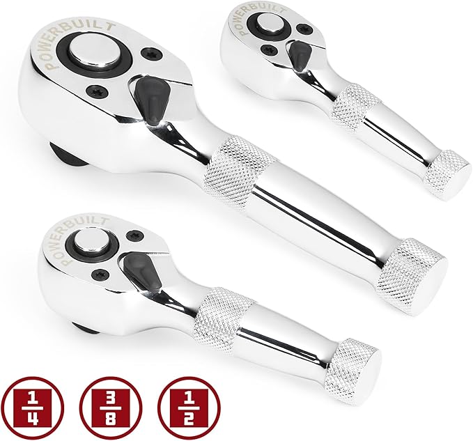 Powerbuilt 3 Piece 1/4-Inch, 3/8-Inch and 1/2-Inch Stubby Ratchet Set, Quick-Release Reversible 90 Tooth, Tight Spaces, Mini Small Ratchet Wrench - 643153ECE