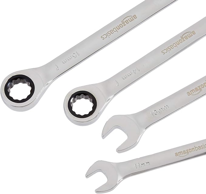 Amazon Basics 5-Piece Metric Ratcheting Wrench Set, 10mm, 11mm, 13mm, 14mm, 15mm, Black/Silver