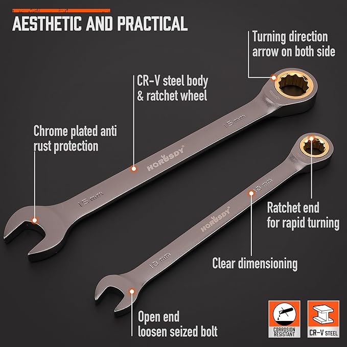 HORUSDY 12-Piece Metric Ratcheting Wrench Set | 8-19 mm | Ratchet Combination Wrenches Set with Organizer | 72-Teeth | Chrome Vanadium Steel