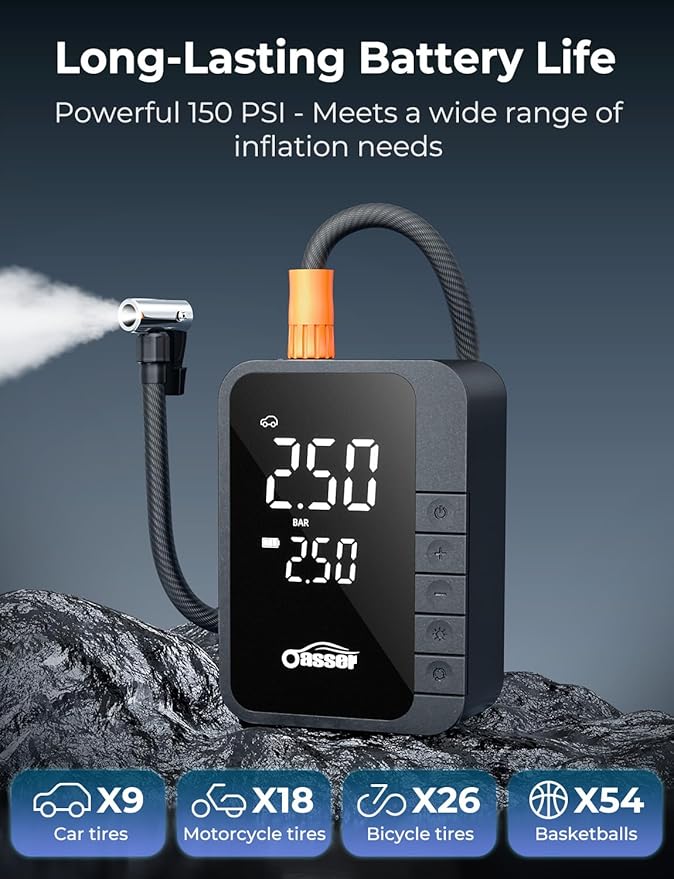Oasser Tire Inflator Portable Air Compressor with Digital Dual Values Display 6000mAh 150PSI Type-C USB Charging&30cm Hose & Storage Bag Air Pump for Car Tires Mini Bike Pump for Auto Motor Bike Ball