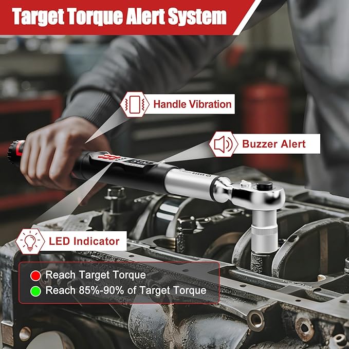 VANPO 1/2-Inch Digital Torque Wrench, 7.38–147.5 ft-lb/10–200 Nm, ±2% Accuracy, Electronic Torque Wrench with LCD Display, Audible & Vibration Alert, Easy Battery Access, for Automotive Maintenance