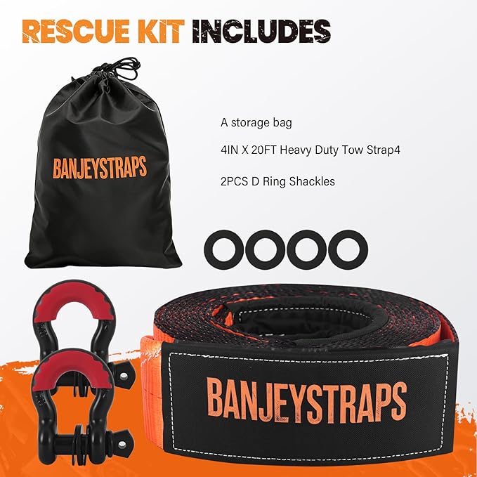 4" x20' Complete Off-Road Recovery Kit - 45,000 lb Tow Strap with D-Ring Shackles & Storage Bag for Truck, Jeep, SUV & 4x4 Vehicle Emergency-Orange