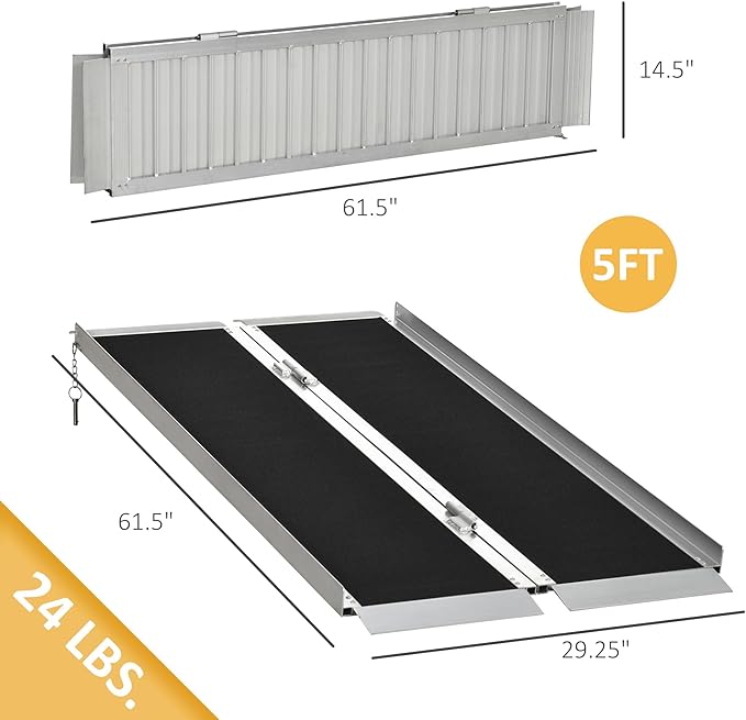 HOMCOM Wheelchair Ramp 5FT, Folding Aluminum Threshold Ramp with Non-Slip Surface, Transition Plates Above and Below, 600lbs Weight Capacity for Home, Doorways, Curbs, Steps