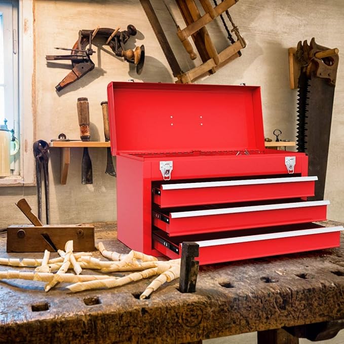 Giantex Portable Steel Tool Box, 20.5'' Toolbox w/ 3 Drawers & Top Storage Tray, Tool Storage Chest w/Double Latch System, Ball Bearing Drawer Slides, EVA Liners & Carrying Handle, Red